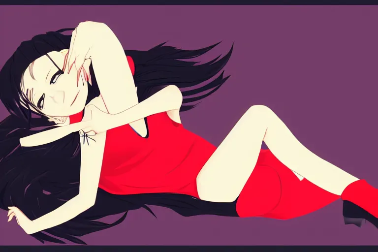 Image similar to a girl laying from left to right, wearing a black outfit with red trim, simple vector shaded anime style, simple anime digital art, 4 k