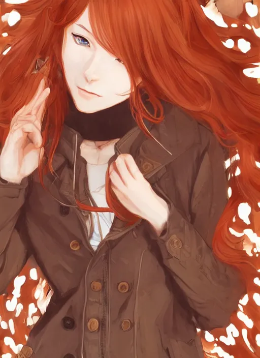 Image similar to girl with fox ears, long wavy orange hair, light brown trenchcoat, forest background, focus on face, pretty, moody lighting, painterly, illustration by shigenori soejima