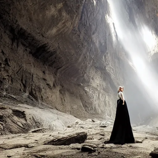 Prompt: photo, a woman in a giant flowing incredibly long dragging illuminated white dress, standing inside a dark western rocky scenic landscape, volumetric lighting