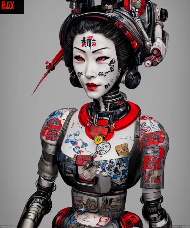 Image similar to an epic fantastic realism comic book style portrait painting of a japanese robotic geisha with kanji tattoos and decals, apex legends, octane render, intricate detail, 4 k hd, unreal engine 5