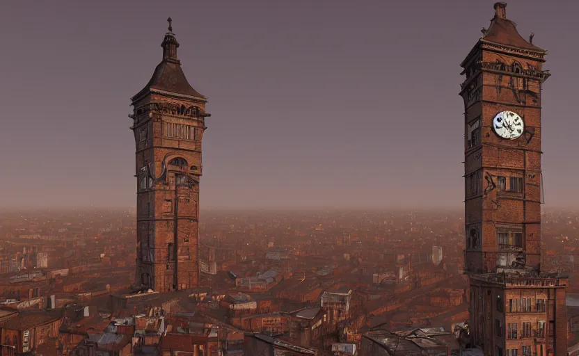 Image similar to an asymetric clocktower, looming above an early 1900s industrial english cityscape at dusk, by tim burton, by zdzislaw beksinski, by igor morski, by laurie lipton, photorealistic, realistic shadows, Burtonesque, German expressionism, 3d, rendered in octane, rendered in lumion, matte painting