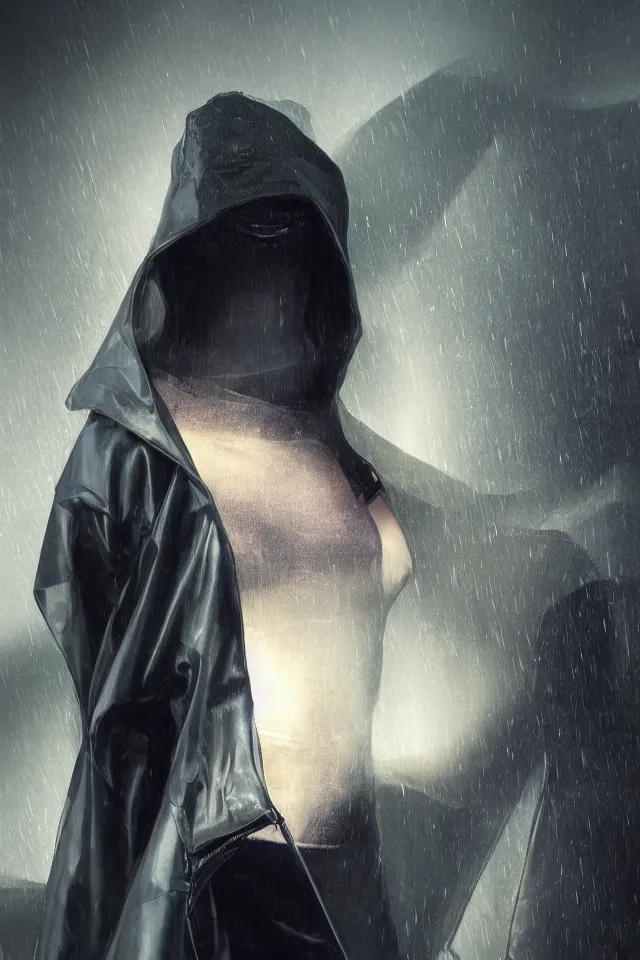 Prompt: realistic render, digital fashion, beautiful woman in tactical poncho latex, techwear, iridiscent rim light, high key, ultra detailed, hyperdetailed, dark backdrop, trending on artstation, phil hale