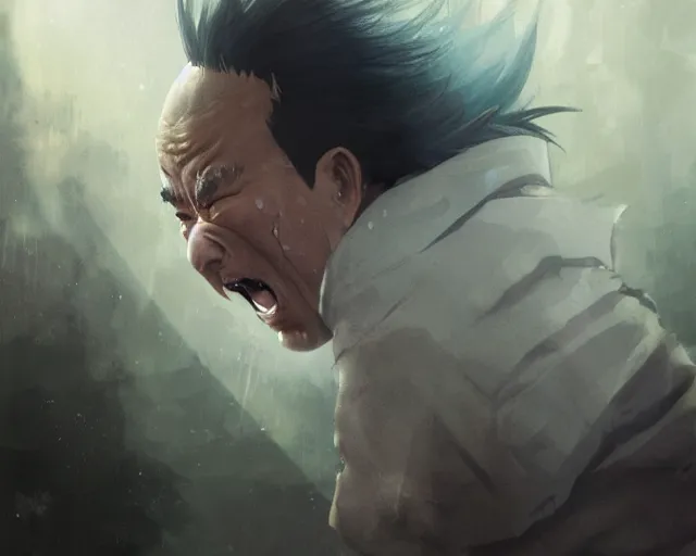 Image similar to a 50 year old brunnete chinese man with puffy cheeks bursting in tears on the floor, horror scene, dramatic, close up shot, anime art, Greg Rutkowski, studio ghibli, dramatic lighting