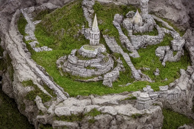 Prompt: Miniature Minas Tirith in miniature landscape. Macro photo, god rays