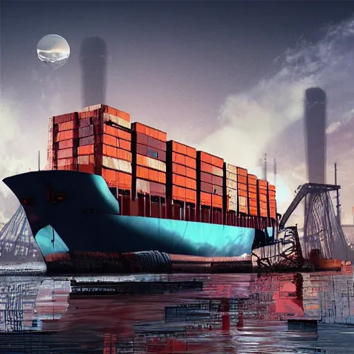 Image similar to photo of Immense industrial futuristic cargo ship arrives at cyber punk city sea port, cinematic lighting, photo