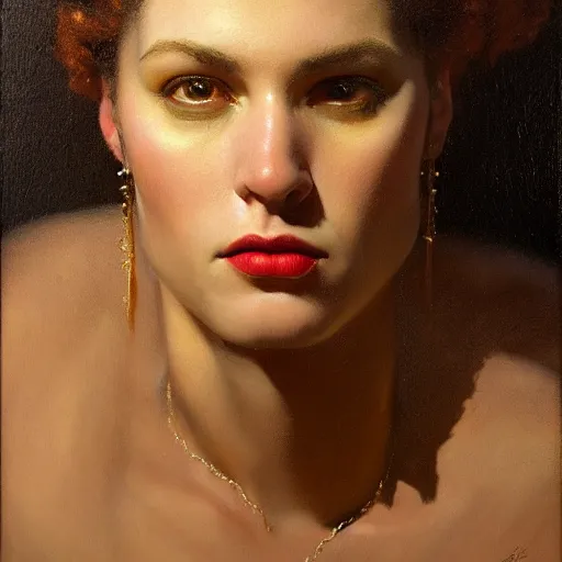 Prompt: highly detailed oil painting | very intricate | cinematic lighting | award - winning | portrait of jazzybit rouvier | by roberto ferri, by tom bagshaw, by j. c. leyendecker and klimt, american romanticism, by austin osman spare, artstation, cgsociety, official art, octane