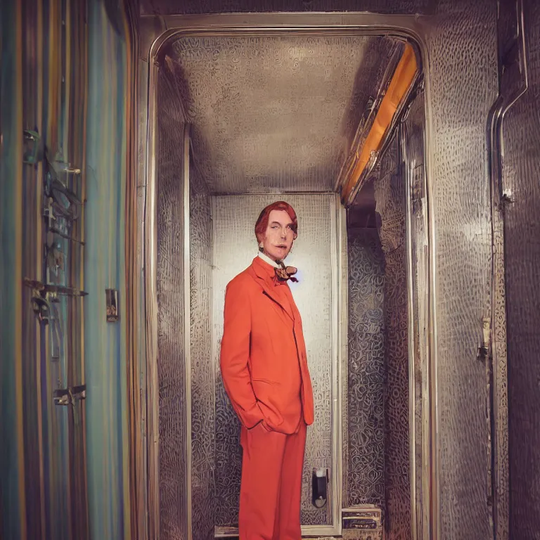 Prompt: high fashion portrait photography by wayne barlow and carlo crivelli and glenn fabry, a handsome eccentric man in a bright colorful pastel wes anderson elevator operator uniform inside a dark and moody vintage elevator in a high - end exotic vintage boutique hotel, very short depth of field, bokeh