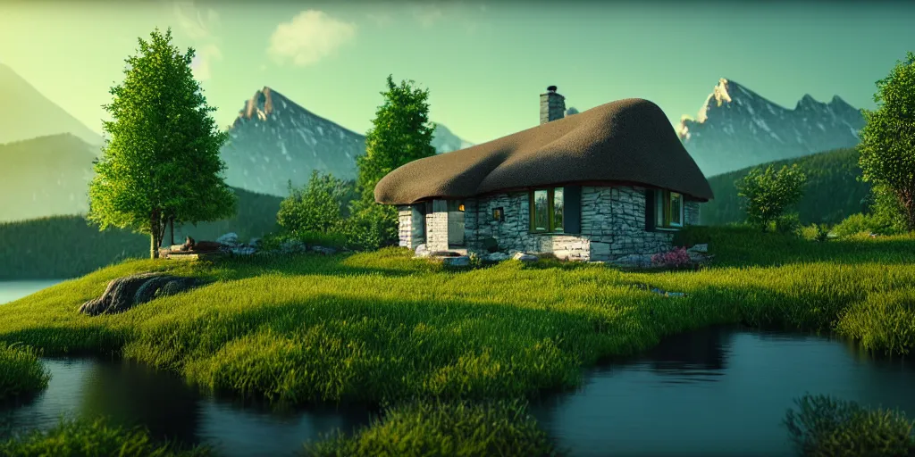 Prompt: a beautiful fantasy landscape, mountain in background, little cottage, small pond, some trees in the corner. hyper realism, octane render