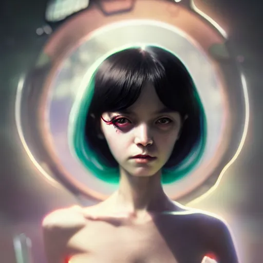 Image similar to insect - like alien - girl by tom bagshaw, green eyes and long black hair by ilya kuvshinov, rtx reflections, octane render 1 2 8 k, extreme high intricate details by wlop, digital anime art by ross tran, wide shot, close up shot, composition by sana takeda, dramatic lighting by greg rutkowski