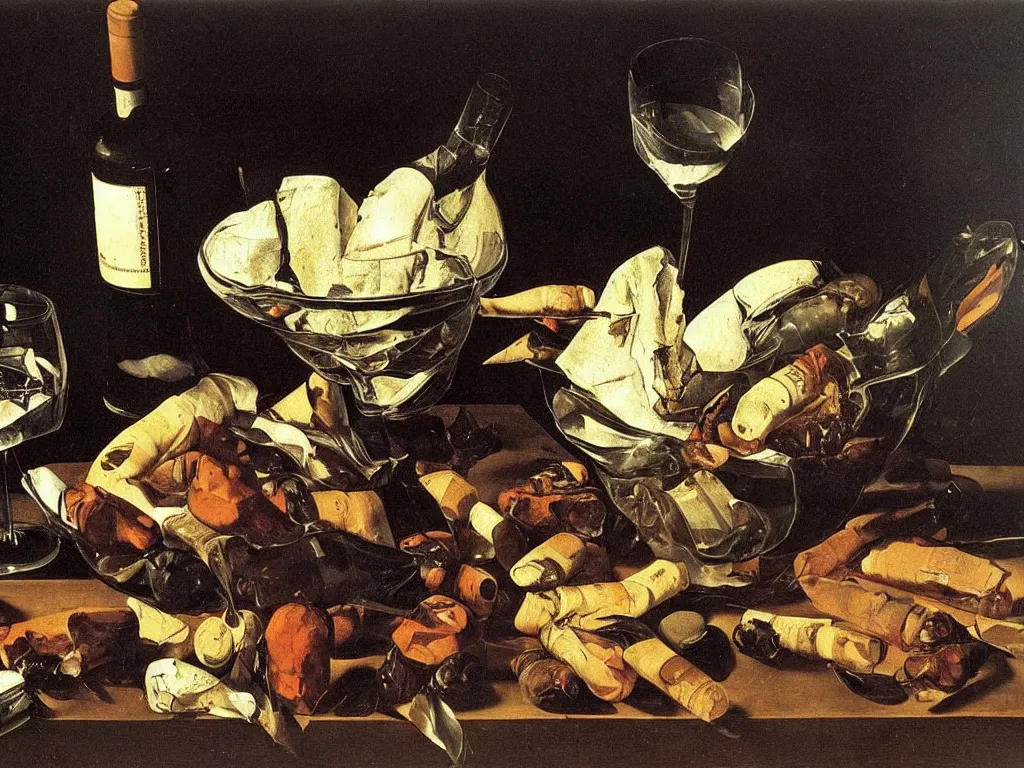 Prompt: by Michelangelo Merisi da Caravaggio Still Life with shattered and whole wine bottles