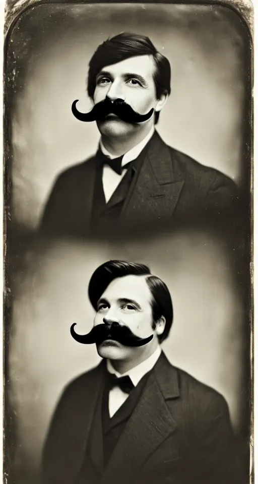 Prompt: a wet plate photograph, a portrait of a well dressed man with a walrus mustache