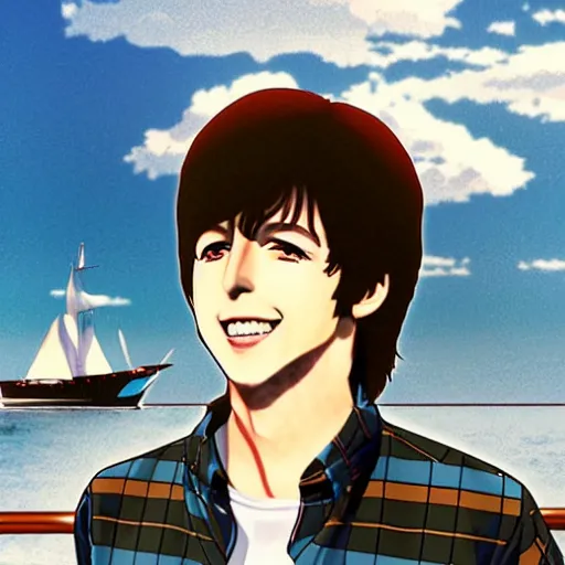 Image similar to anime illustration of young Paul McCartney from the Beatles, wearing a blue and white check shirt, on a yacht at sea, smiling at camera, white clouds, ufotable