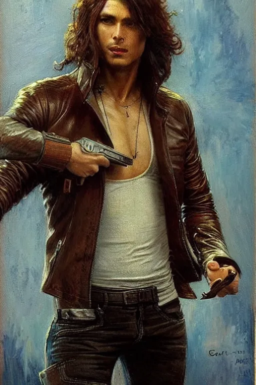 Image similar to a thirty - five year old contract killer named cobalt. he wears a brown leather jacket with a bloody white t - shirt tucked into his jeans. art by gaston bussiere.