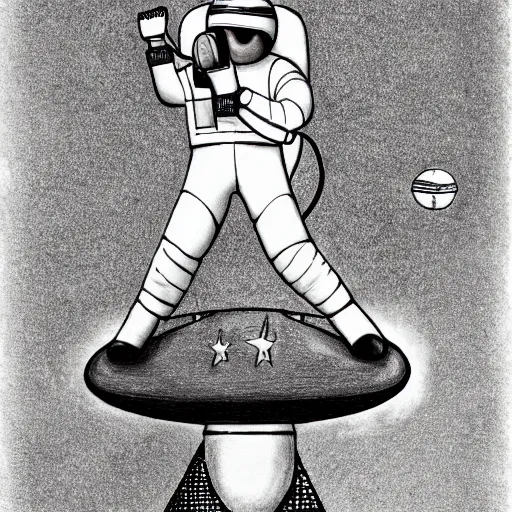 Image similar to drawing of steed situated on top of astronaut that standing on all fours