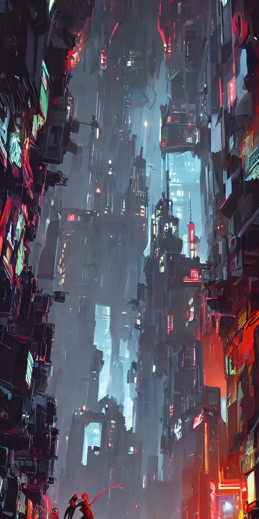 Image similar to the entrance of a stronghold located in the middle of spiderman : into the spider - verse ( 2 0 1 8 ) new york city, by ashley wood and phil hale, blade runner, masterpiece, award - winning, sharp focus, intricate concept art, ambient lighting, 8 k, artstation, pixiv