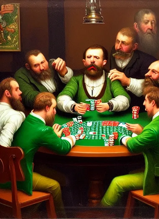 Prompt: large computer table octoberfest invite card, men playing poker, green felt, angry, screaming, many beer bottles, drunk, photoshoot, 4 k, hyper realistic, natural, highly detailed, digital illustration, trending in artstation, classical painting, smooth, sharp focus art by ilya repin