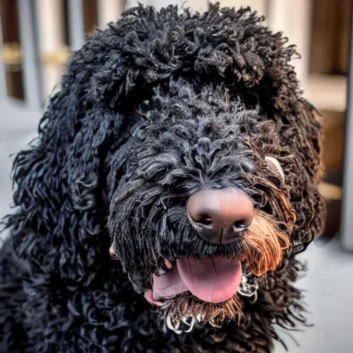 Image similar to a closeup photorealistic photograph of a cute smiling knitted bernedoodle judge dog dressed in a black gown, presiding over the courthouse. indoor image, professional capture, well lit shot. this 4 k hd image is trending on artstation, featured on behance, well - rendered, extra crisp, features intricate detail, epic composition and the style of unreal engine.