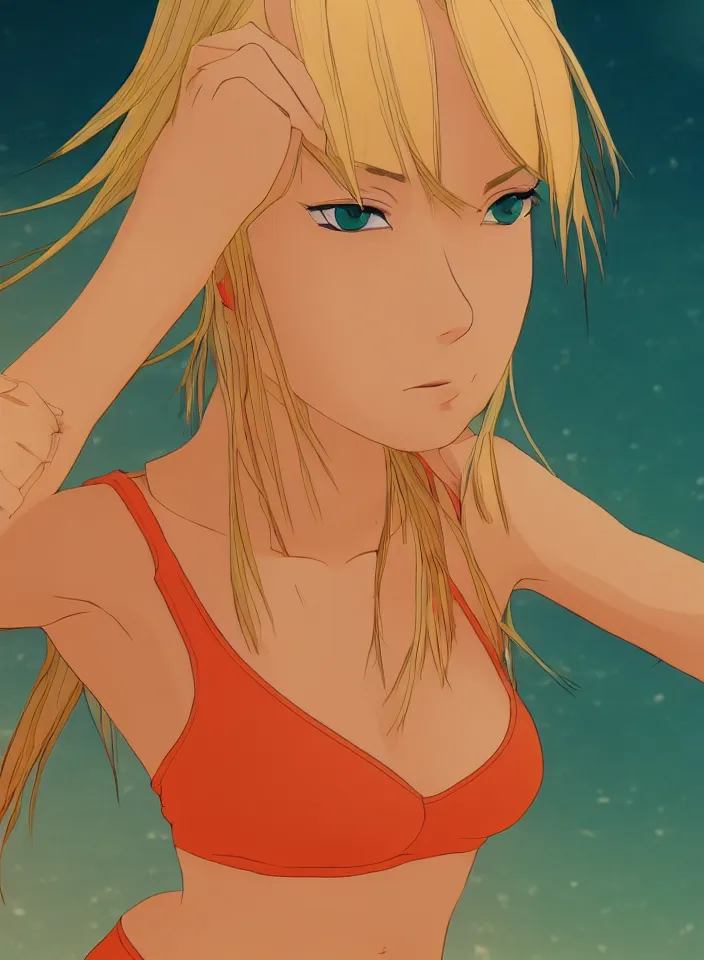 Image similar to beautiful blond woman in orange tribal bikini, blond hair pulled back off the face, green eyes, by makoto shinkai, 8 k, high resolution render, cinematic color grading, clean lineart and flat color,
