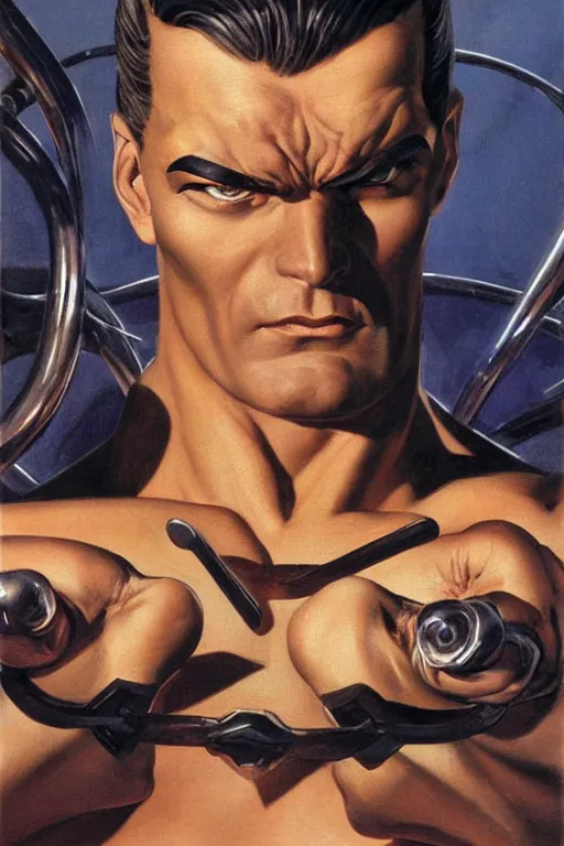 Image similar to close up portrait of strong muscular handsome super villain diabolik, groovy and cool, black zentai and long eyelashes, by j. c. leyendecker, james gurney, gerald brom