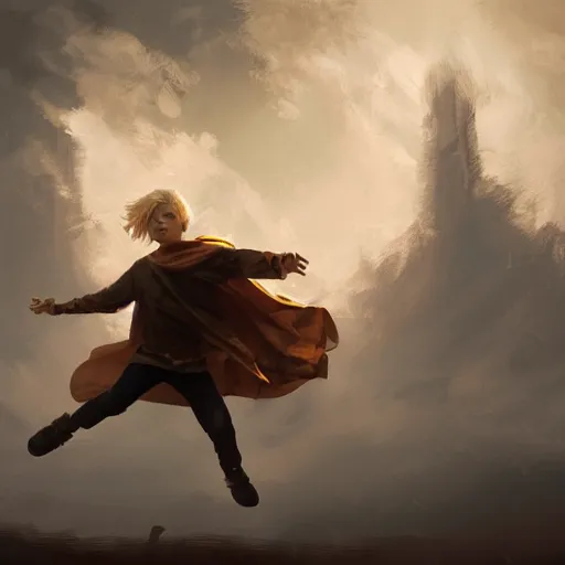 Prompt: blonde boy with golden eyes wearing a brown cape and flying in t pose, energy background, brush strokes, greg rutkowski