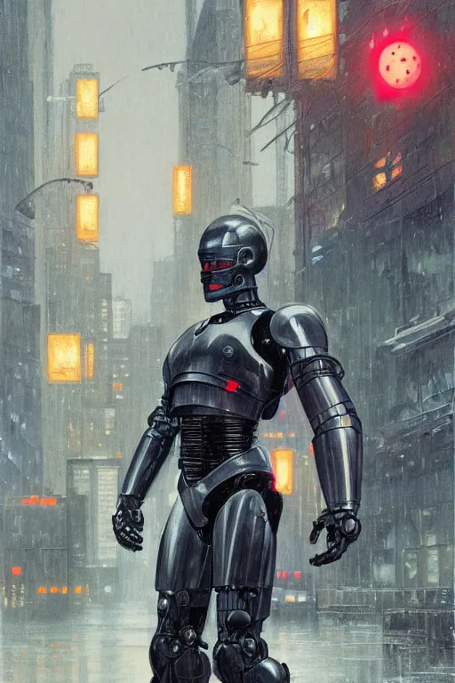 Image similar to Robocop portrait, rainy Detroit by Stanley Artgerm Lau, greg rutkowski, thomas kindkade, alphonse mucha, loish, norman Rockwell