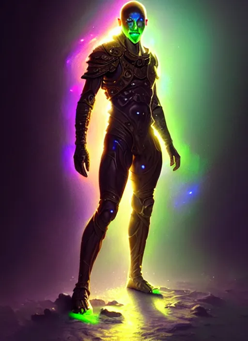 Image similar to a faceless masculine humanoid adventurer made of liquefied stardust, dnd fantasy character, full body portrait, glowing neon skin, magical aura, ultra realistic, intricate, elegant, highly detailed, digital painting, artstation, smooth, sharp, focus, illustration, art by artgerm and greg rutkowski and alphonse mucha