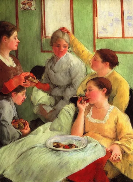 Prompt: vintage beautiful painting of a beautiful woman eating a pear in a sanatorium along with a few other patients in Mary Cassatt style