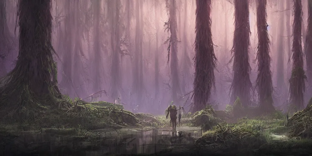 Prompt: reed - people in futuristic spiritual mystical post apocalyptic swampy forest drawn by ron gilbert, dim painterly volumetric aquatic lighting, scenic, beautiful, crisp, artstation, highly detailed