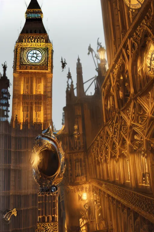 Prompt: highly detailed photography of a ghostly pirate ship flying above big ben. london. intricate, hyper realism, professional digital art, unreal engine 5, 8 k render, sharp focus, trending on art station.