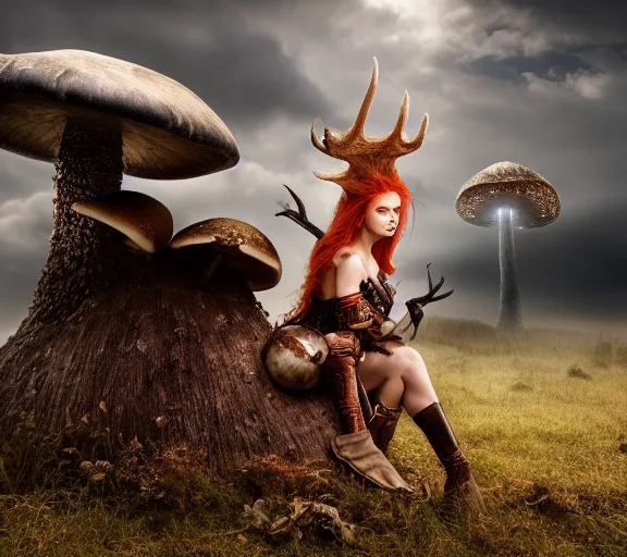 Image similar to a photo of an armored woman warrior redhead with antlers sitting on a giant mushroom that covers a whole village and reaches above the clouds by luis royo. intricate. lifelike. soft light. sony a 7 r iv 5 5 mm. cinematic post - processing