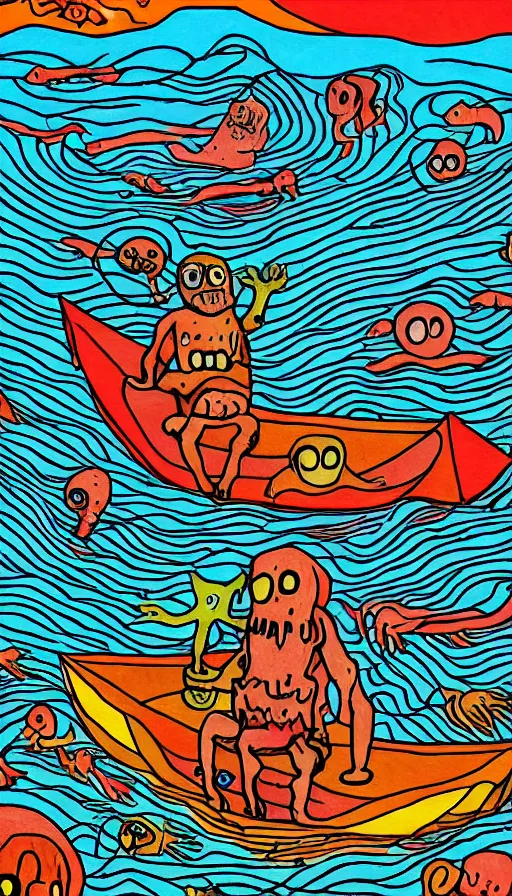 Image similar to man on boat crossing a body of water in hell with creatures in the water, sea of souls, by allie brosh
