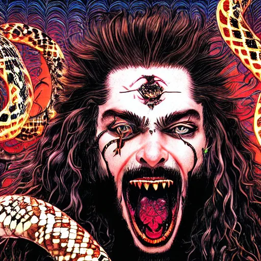 Image similar to portrait closeup of crazy post malone as vampire and snakes around, symmetrical, by yoichi hatakenaka, masamune shirow, josan gonzales and dan mumford, ayami kojima, takato yamamoto, barclay shaw, karol bak, yukito kishiro