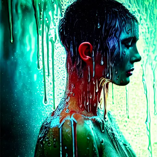 Image similar to dramatic asthetic portrait of revelation in uniquely colored rain with wet hair and face, liquid, epiphany, bliss, fantasy, intricate, elegant, dramatic lighting, highly detailed, lifelike, photorealistic, digital painting, artstation, concept art, smooth, sharp focus, illustration, art by John Collier and Albert Aublet and Krenz Cushart and Artem Demura and Alphonse Mucha