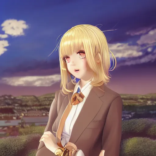 Prompt: blonde - haired princess, anime princess, wearing blue suit, golden hour, partly cloudy sky, sepia sun, strong lighting, strong shadows, vivid hues, ultra - realistic, sharp details, subsurface scattering, intricate details, hd anime, 2 0 1 9 anime