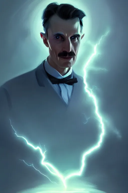 Image similar to nikola tesla, lightning, portrait, sharp focus, digital art, concept art, dynamic lighting, epic composition, trending on artstation, by emylie boivin 2. 0, rossdraws 2. 0