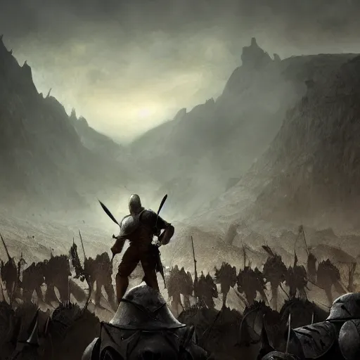 Prompt: A single knight standing against an army of orcs in the desert, HD, ultra detail, matte, fantasy, famous illustration, masterpiece, dark atmosphere, war, good value control, intricate, cinematic, concept art, 8K, foggy,