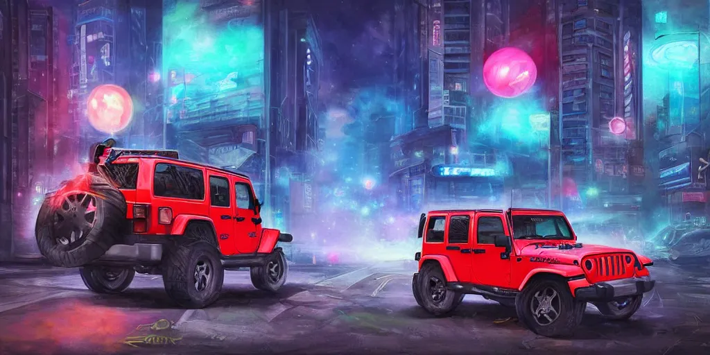 Prompt: Itasha 1997 hardtop Jeep Wrangler, digital painting, beautiful iridescent fog swallows urban Shibuya, planets can be seen in the sky above, beautiful, neon night, cinematic, extraordinary, colorful, photorealistic, dark, atmospheric, ultra realistic, insanely detailed, lights and shadows