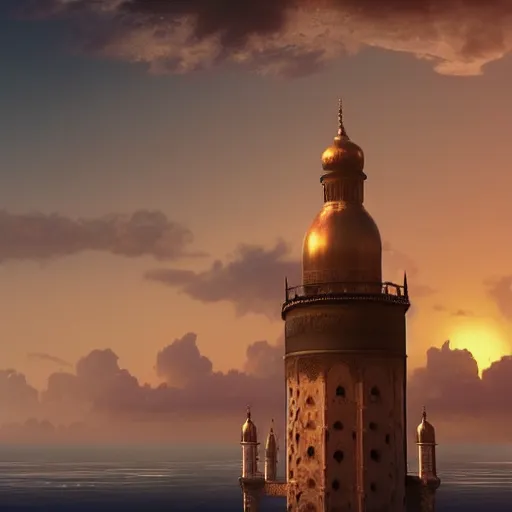 Image similar to an old mosque with huge dome and tall minarets, a sunset and a huge clouds in the background, heavy sea in front, on style of aivazovsky, 4k, epic lights, sun beams, ultra details, hyper realistic, octane render, unreal engine, unbelievable graphics, 8k,