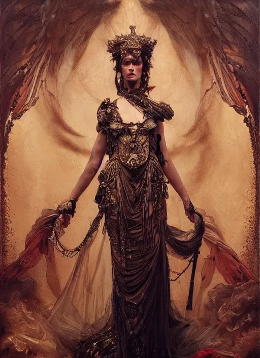 Image similar to highly detailed oil painting | very intricate | cinematic lighting | award - winning | portrait of the goddess of war dressed by alexander mcqueen | by roberto ferri, by tom bagshaw, by j. c. leyendecker and klimt, american romanticism, by austin osman spare, artstation, cgsociety, official art, octane