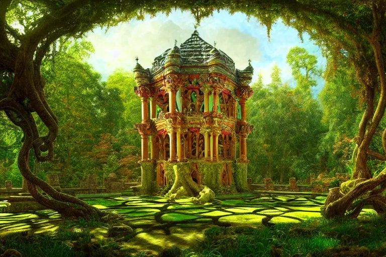 Prompt: a beautiful and highly detailed digital painting of an ancient palace in a beautiful garden in a mystical forest, celtic, intricate psychedelic patterns, epic scale, insanely complex, artstation, cgsociety, 8 k, sharp focus, hyperrealism, by caspar friedrich, albert bierstadt, james gurney, brian froud,