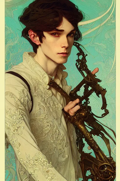 Image similar to thin young male bard, green long straight hair, fantasy, highly detailed, intricate, smooth, art by joseph leyendecker, peter mohrbacher, ruan jia, marc simonetti, ayami kojima, cedric peyravernay, alphonse mucha, victo ngai