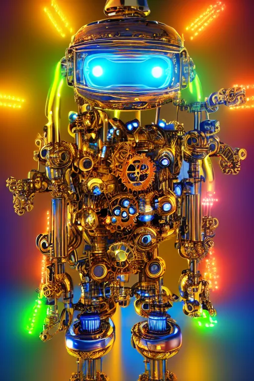 Image similar to photo of a smiling golden and blue metal steampunk robotbust covered with multicolored tubes and gears, eyes are glowing green lightbulbs, arms are music instruments, shiny crisp finish, 3 d render, 8 k, insaneley detailed, fluorescent colors