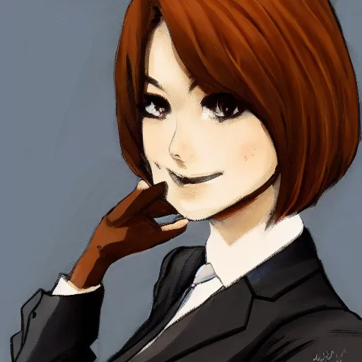Prompt: woman in black business suit, chill, brown neat hair, pixiv, fanbox, trending on artstation, portrait, digital art, modern, sleek, highly detailed, formal, serious, determined, blue tie, competent, colorized, smooth, charming, pretty, safe for work, thick