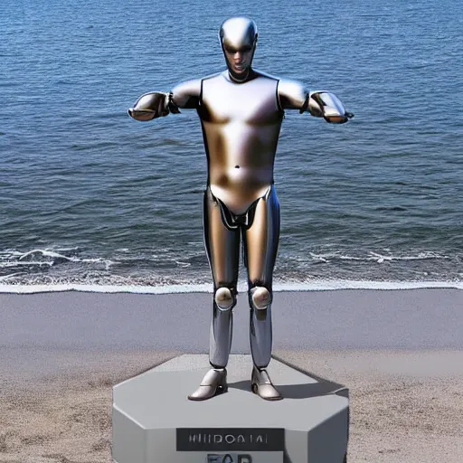 Image similar to “a realistic detailed photo of a guy who is an attractive humanoid who is half robot and half humanoid, who is a male android, Mike the Situation, shiny skin, posing like a statue, blank stare, at the beach, on display”