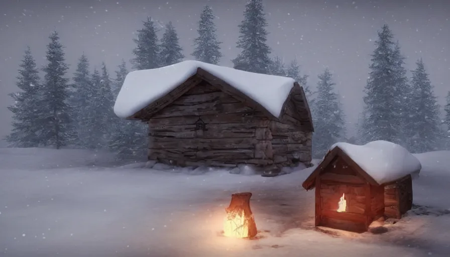 Image similar to Unreal Engine Survival Game in a cozy! warm small hut!!. Outside is a blizzard and Heavy Thick snow with Fog and Mist in a Beautiful dark Landscape, Distant Lights, Hyperrealistic, Hyperdetailed, Concept Art, High Snow