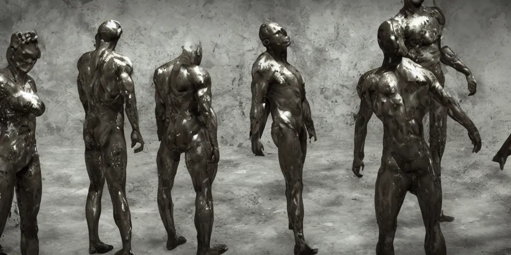 Prompt: figures covered in slick black oil, unreal engine render, ultrarealistic