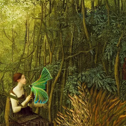 Prompt: Artist painting a iridescent moth in the dense forest, painting by Hugo van der Goes