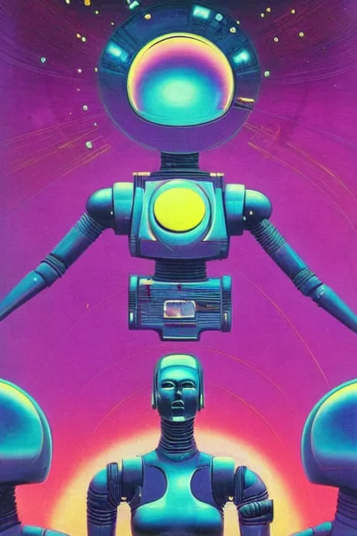 Image similar to 8 0 s art deco planets, stars, supernova, robots, led screens, droids, computers, cinematic dramatic cyberpunk textural fluid lines purple, pink, blue, green. otherworldly vaporwave interesting details fantasy lut epic composition by basquiat zdzisław beksinski james jean artgerm rutkowski moebius francis bacon gustav klimt