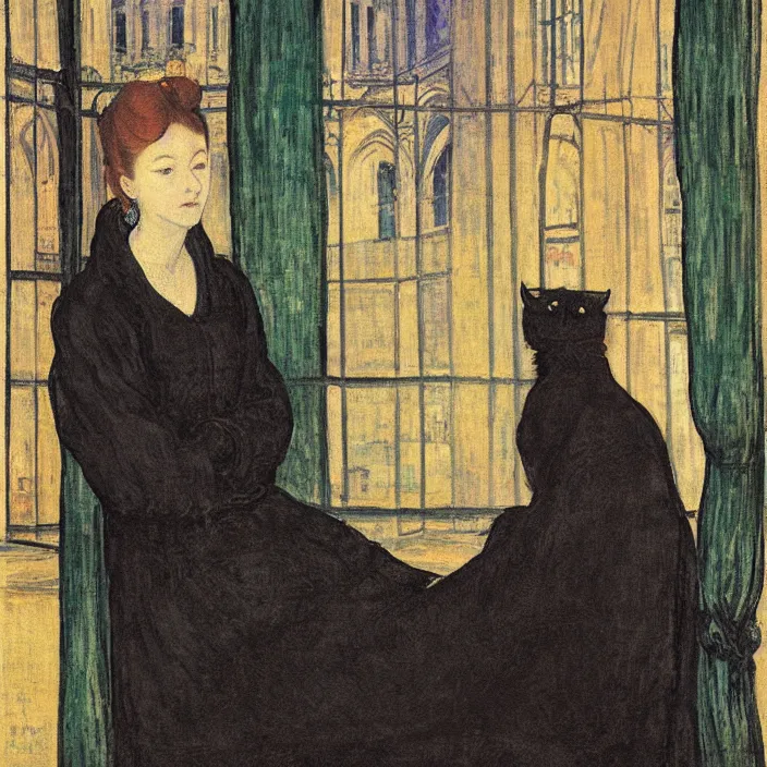 Prompt: close portrait of woman in night gown with cat, with city with gothic cathedral seen from a window frame with curtains. night. lucas cranach, georges de la tour, henri de toulouse - lautrec, utamaro, monet