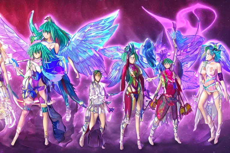 Prompt: nomadic tribe of cyber datamancers and fantasy anime magical girls gather around an epic holographic archangel hologram
